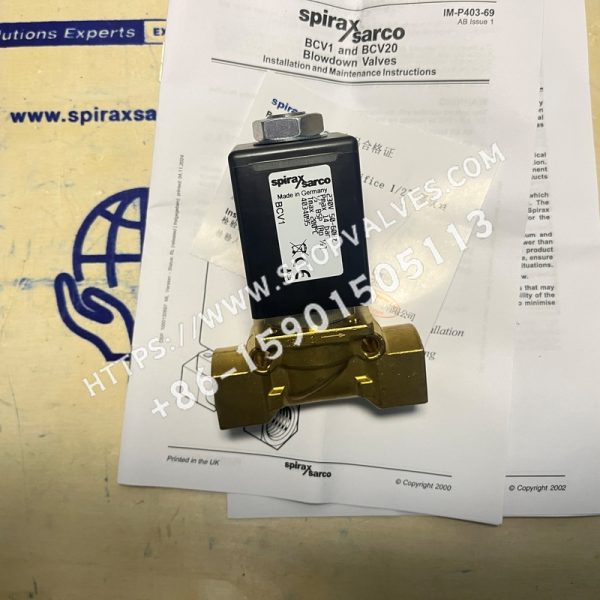 Válvula solenoide de purga Spirax Sarco BCV1 1/2"BSP 230V, vista frontal y placa de identificación